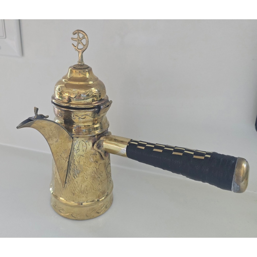 Vintage Middle Eastern Etched Brass Dallah Coffee Pot Crescent Finial Handle